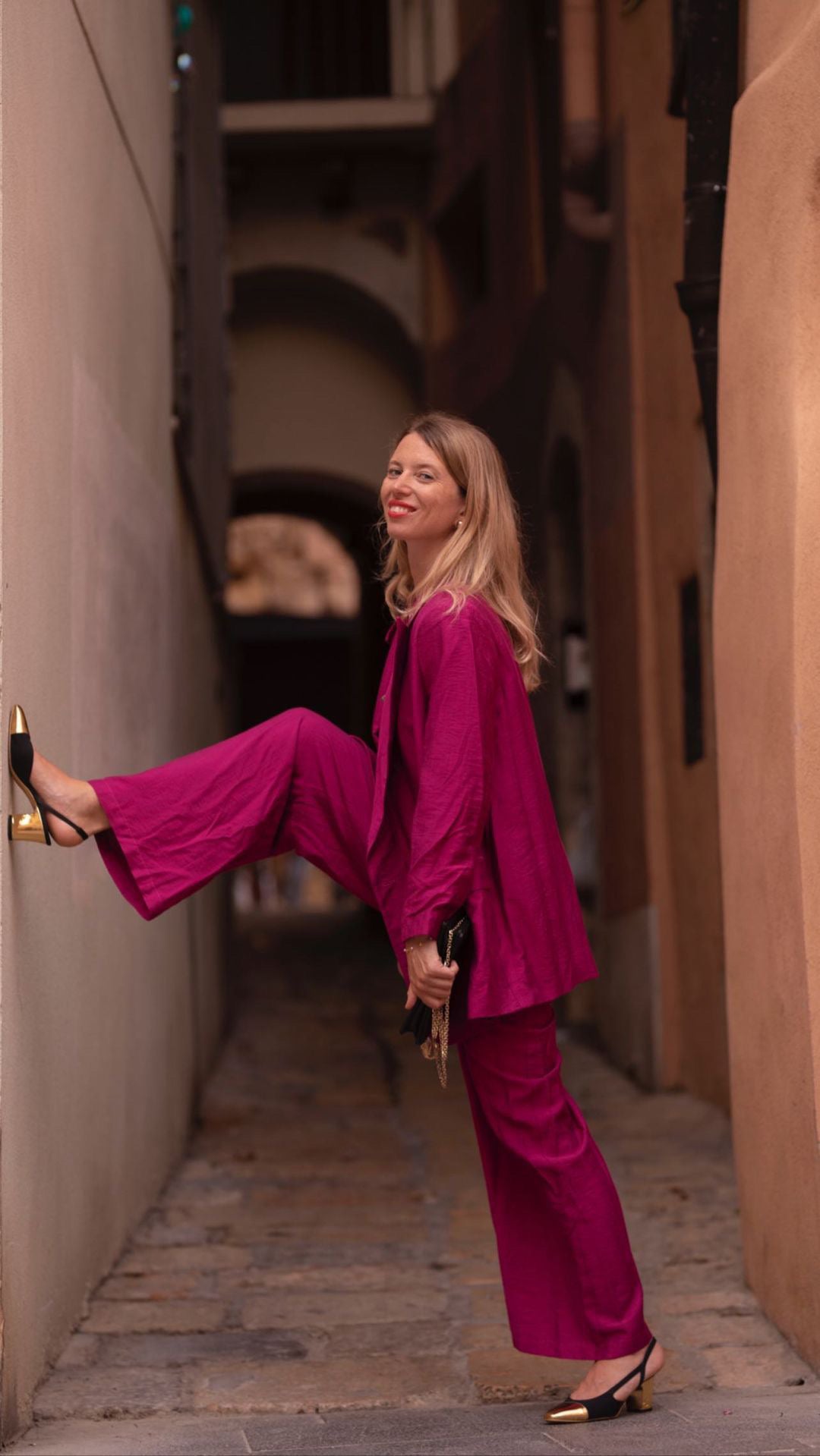 Fuchsia suit with palazzo pants