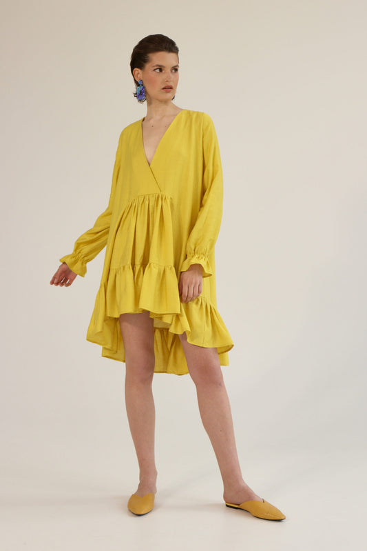 Yellow dress with ruffles, mini length