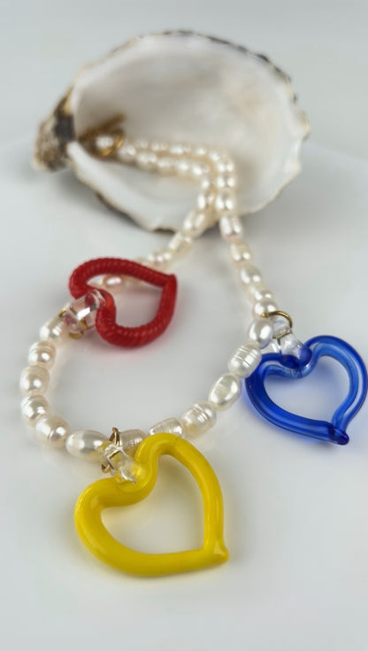 LOVE is, river pearl necklace with recycled glass hearts
