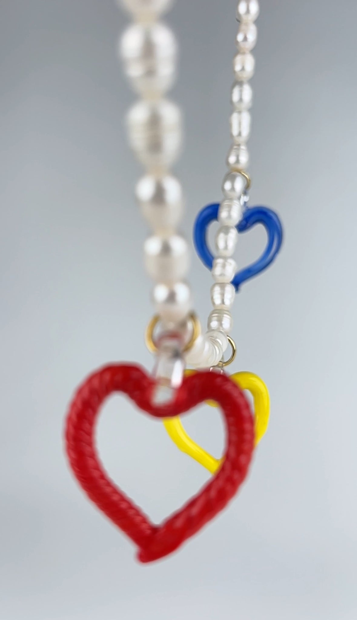 LOVE is, river pearl necklace with recycled glass hearts