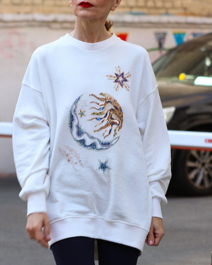 Exclusive white Sweatshirt Universe with handmade embroidery