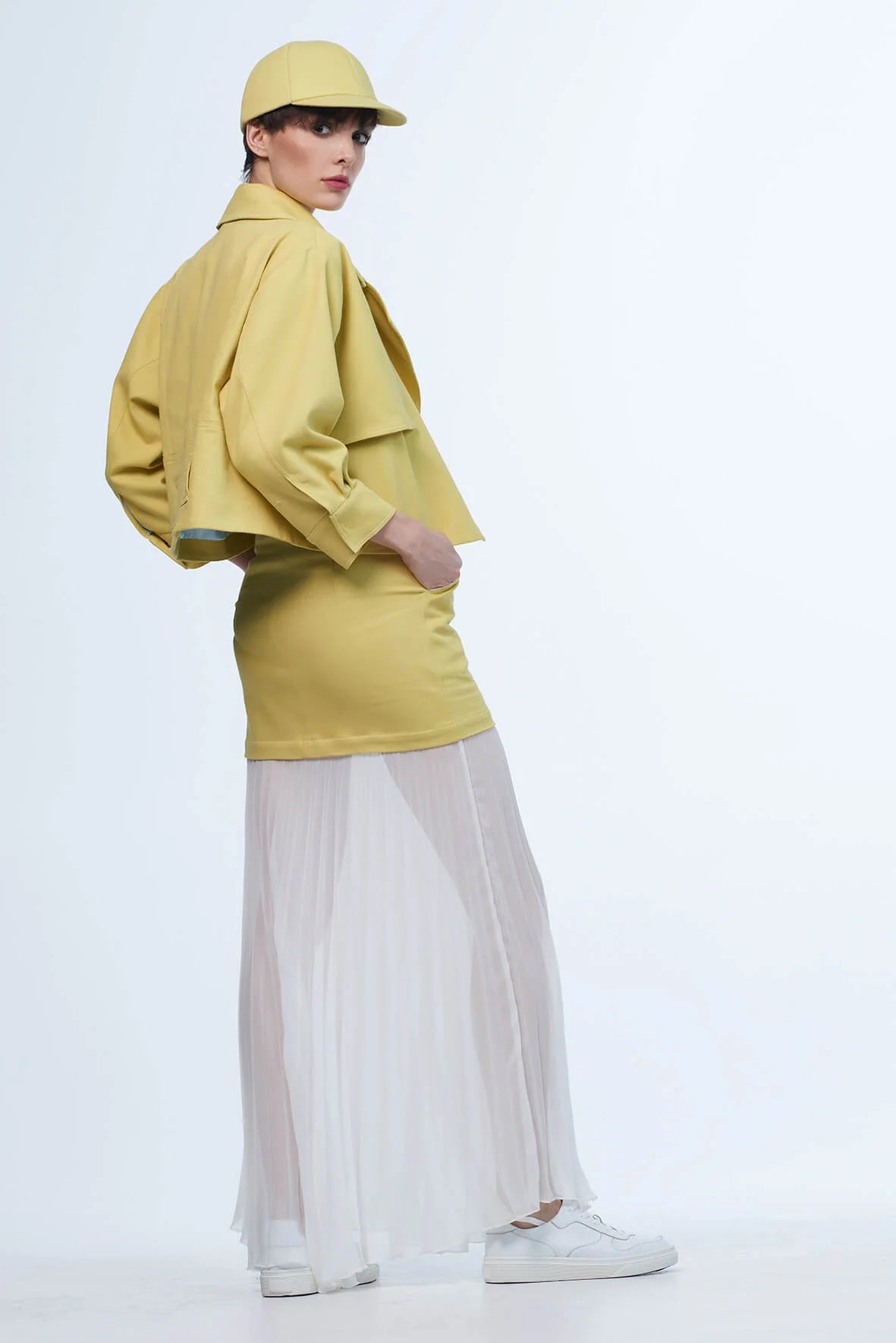 Lime skirt combined with denim, ruffled bottom