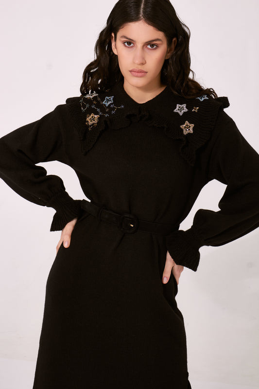 Black knitted dress-sweater with hand-made embroidery