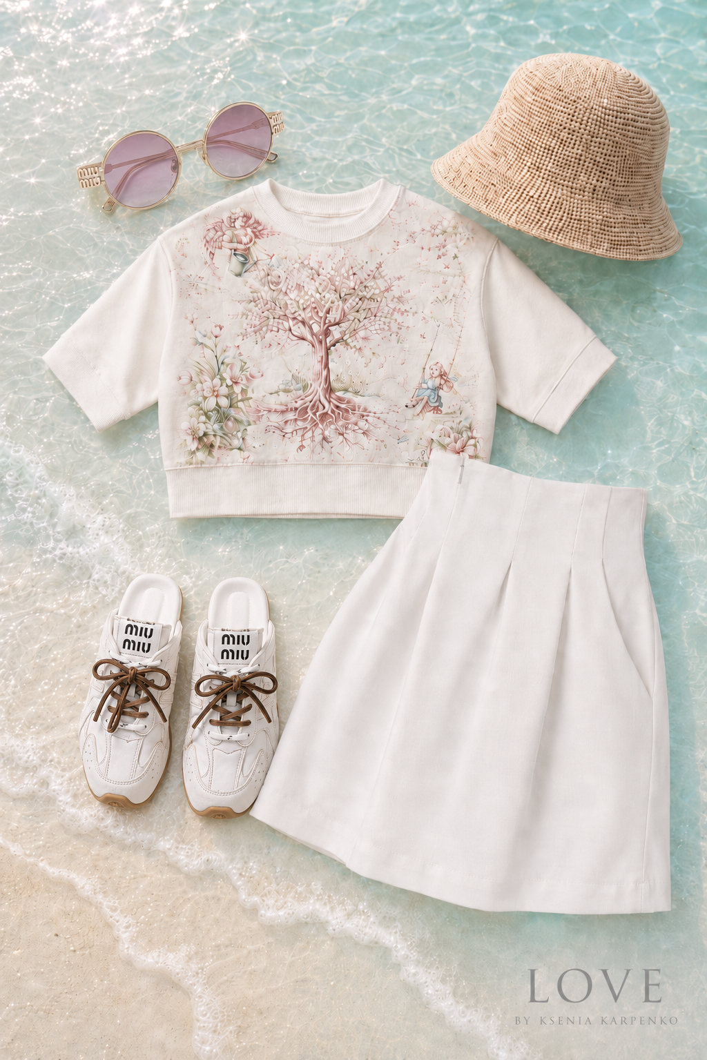 White sweatshirt with floral design, white pants, gold chain belt, and sunglasses on a light pink background. Brand 'LOVE by Ksenia Karpenko' visible.