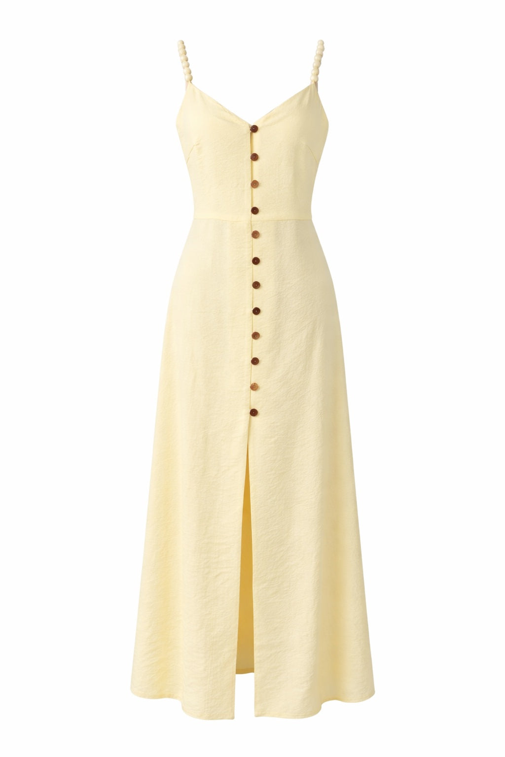 Vestido de lino amarillo mantequilla con botones de nácar