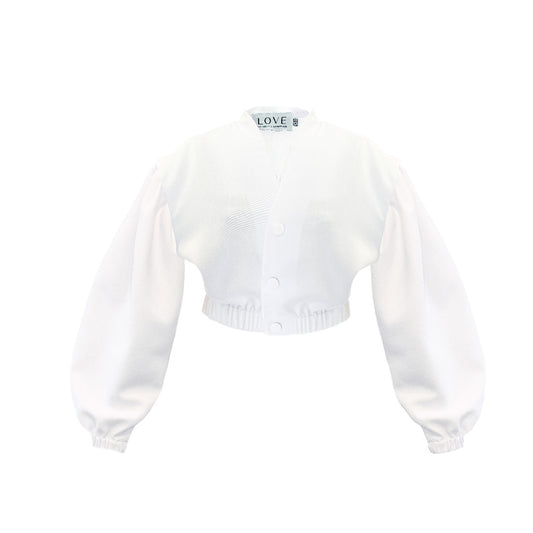 Off-white denim jacket with buff sleeves.